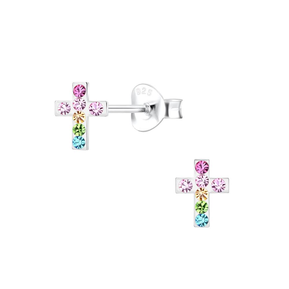 Silver Cross Stud Earrings Multicolored